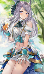 Rule 34 | 1girl, animal ears, bare shoulders, blush, clothing cutout, commentary request, cowboy shot, cup, disposable cup, drinking straw, gloves, hand on own thigh, hat, highres, holding, holding cup, horse ears, horse girl, jacket, long hair, looking at viewer, mejiro mcqueen (end of sky) (umamusume), mejiro mcqueen (umamusume), midriff, mini hat, mini top hat, navel, official alternate costume, open clothes, open jacket, parted lips, purple eyes, shirt, short shorts, shorts, shoulder cutout, silver hair, sky, solo, soraneko hino, stomach, swept bangs, top hat, tree, umamusume, white gloves, white hat, white jacket, white shirt, white shorts, wrist cuffs
