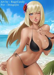 Rule 34 | 1girl, ;), absurdres, artist name, beach, bikini, bikini tan, black bikini, blonde hair, blue sky, bracelet, breasts, cleavage, commentary, commission, contrapposto, dark-skinned female, dark skin, day, emilie de rochefort, english commentary, eyeliner, flower, hair flower, hair ornament, highres, hime cut, jewelry, large breasts, lips, lipstick, long hair, makeup, nail polish, navel, necklace, nose, ocean, one eye closed, outdoors, pearl necklace, ragecndy, revision, second-party source, shiny skin, side-tie bikini bottom, sky, smile, solo, sweat, swimsuit, tan, tanline, tekken, toned, watermark