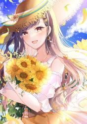 Rule 34 | 1girl, :d, absurdres, bouquet, brown eyes, brown hair, clothing cutout, floating hair, flower, hair ornament, hairclip, hat, highres, holding, holding bouquet, long hair, mairu003, open mouth, orange skirt, project sekai, shiraishi an, shirt, shoulder cutout, skirt, smile, solo, straw hat, sun hat, swept bangs, underbust, upper body, very long hair, white shirt, yellow flower, yellow hat