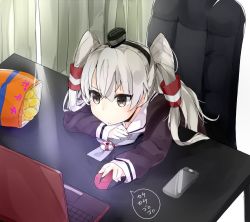 Rule 34 | 10s, 1girl, amatsukaze (kancolle), bad id, bad pixiv id, cellphone, chips (food), computer, food, hair ornament, kantai collection, laptop, mouse (computer), phone, school uniform, serafuku, sleeves past wrists, smartphone, solo, suzuharu toufu, translated, tsurime, twintails, two side up, white hair