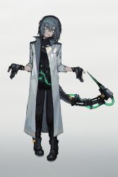 Rule 34 | absurdres, black footwear, black gloves, black pants, boots, copyright request, fingerless gloves, full body, gloves, green eyes, grey hair, head tilt, highres, lab coat, looking at viewer, mechanical tail, medium hair, pants, partially fingerless gloves, pigeon-toed, ratatatat74, sanpaku, shrug (clothing), simple background, single fingerless glove, solo, standing, tail, white background