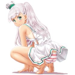 Rule 34 | 1girl, anchor hair ornament, ass, barefoot, blunt bangs, dd (ijigendd), dress, full body, green eyes, hair ornament, hair ribbon, headgear, highres, kantai collection, long hair, maestrale (kancolle), one side up, panties, ribbon, sailor dress, silver hair, sleeveless, sleeveless dress, solo, squatting, striped clothes, striped panties, tan, tanline, underwear, white background, white dress, white ribbon