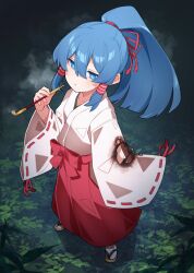 1girl blowing_smoke blue_eyes blue_hair brown_sandals ch00suke commentary_request flat_chest flip-flops forest foul_detective_satori from_above full_body hakama highres hip_vent holding holding_smoking_pipe japanese_clothes kimono long_sleeves miyadeguchi_mizuchi miyadeguchi_mizuchi_(human) nature night pants ponytail red_hakama red_pants sandals smoking_pipe socks solo tabi torn_clothes torn_sleeves touhou white_kimono white_socks wide_sleeves