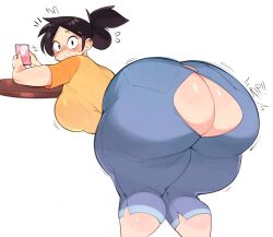 Rule 34 | 1girl, arched back, arm support, ass, ass cutout, ass focus, bent over, black hair, blush, breasts, bulumble-bee, butt crack, cellphone, clothing cutout, denim, ear piercing, embarrassed, feet out of frame, female focus, from behind, hair bun, holding, holding phone, huge ass, jeans, large breasts, looking at viewer, looking back, mizuki (bulumble-bee), original, pants, parted bangs, parted lips, phone, piercing, shirt, short sleeves, simple background, smartphone, solo, thick thighs, thighs, torn clothes, white background, wide hips, yellow shirt