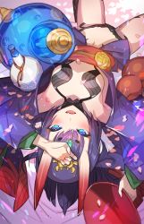 Rule 34 | 1girl, alcohol, amulet, armpits, blue eyes, breasts, commentary request, cup, eyeliner, fate/grand order, fate (series), horns, japanese clothes, kimono, looking at viewer, lying, makeup, navel, obi, on back, oni, open mouth, petals, purple hair, saitou naoki, sakazuki, sake, sash, short hair, shuten douji (fate), skin-covered horns, small breasts, smile, solo, teeth
