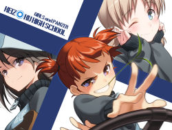 Rule 34 | 10s, 3girls, aki (girls und panzer), bad id, bad pixiv id, brown eyes, brown hair, copyright name, emblem, girls und panzer, green eyes, grin, hand on own face, hands on own face, hat, highres, jacket, long sleeves, looking at viewer, mika (girls und panzer), mikko (girls und panzer), military, military uniform, mouth hold, multiple girls, one eye closed, pairan, red eyes, red hair, short twintails, smile, stalk in mouth, steering wheel, track jacket, twintails, uniform, upper body