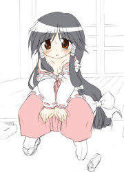 Rule 34 | 00s, 1girl, :o, black hair, collarbone, detached sleeves, dress, hair tubes, japanese clothes, long hair, long sleeves, looking at viewer, machi (nagasarete airantou), marusuke, miko, nagasarete airantou, parted lips, red dress, red eyes, sidelocks, sitting, solo, very long hair