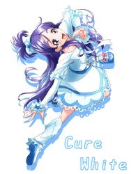 Rule 34 | 1girl, :d, blue eyes, blue hair, boots, bow, character name, commentary request, cure white, detached sleeves, dress, earrings, eyelashes, florence tempo, futari wa precure, hair bow, hair ornament, half updo, happy, heart, heart earrings, highres, jewelry, leg warmers, long hair, looking at viewer, magical girl, open mouth, ponytail, precure, simple background, smile, solo, white background, white dress, white footwear, white leg warmers, yukishiro honoka