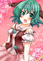 Rule 34 | 1girl, adapted costume, animal ears, bare shoulders, blush, chiya58, dress, fang, female focus, gradient background, green eyes, green hair, highres, kasodani kyouko, matching hair/eyes, open mouth, short hair, solo, touhou