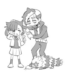 Rule 34 | 1boy, 1girl, aged down, brother and sister, closed eyes, creatures (company), crying, dede (qwea 00000), food, galarian form, galarian zigzagoon, game freak, gen 8 pokemon, greyscale, ice cream, ice cream cone, ice cream cone spill, jacket, licking, looking at another, marnie (pokemon), monochrome, nintendo, open mouth, pendant choker, piers (pokemon), pokemon, pokemon (creature), pokemon swsh, siblings, simple background, source request, standing, sweat, twintails, white background