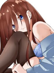 Rule 34 | 1girl, :t, bare shoulders, black thighhighs, blue bra, blue cardigan, blue eyes, blush, bra, breasts, brown hair, cardigan, cheek press, closed mouth, eyebrows hidden by hair, frilled bra, frills, from side, furrowed brow, go-toubun no hanayome, hair down, head on knee, highres, knee up, large breasts, leaning forward, long hair, long sleeves, looking at viewer, mame1645, nakano miku, shiny clothes, sidelocks, simple background, sitting, solo, straight hair, thighhighs, thighs, underwear, white background