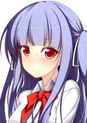 Rule 34 | 1girl, blue hair, bow, bowtie, eyebrows, hair ribbon, jougen, long hair, looking at viewer, original, portrait, red bow, red eyes, ribbon, shirt, smile, solo, white ribbon, white shirt
