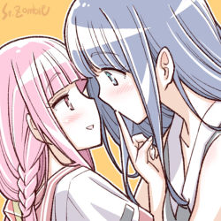 Rule 34 | 2girls, blue eyes, blue hair, collarbone, couple, finger to mouth, happy, imminent kiss, looking at another, magia record: mahou shoujo madoka magica gaiden, mahou shoujo madoka magica, multiple girls, nanami yachiyo, open mouth, pink eyes, pink hair, simple background, smile, studiozombie, tamaki iroha, yellow background, yuri