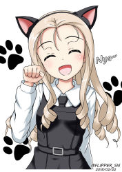 Rule 34 | 10s, 1girl, :d, ^ ^, animal ears, black dress, blonde hair, blush, cat ears, closed eyes, dated, dress, fake animal ears, flipper, girls und panzer, long hair, long sleeves, marie (girls und panzer), necktie, nyan, open mouth, paw pose, paw print, pinafore dress, ringlets, sleeveless dress, smile, solo, twitter username, upper body, wing collar, |d