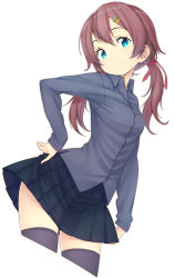 Rule 34 | 1girl, blue eyes, brown hair, cropped legs, hair ornament, hairclip, hand on own hip, long hair, original, pleated skirt, simple background, skirt, smile, solo, thighhighs, twintails, white background, zettai ryouiki, zizi (zz22)