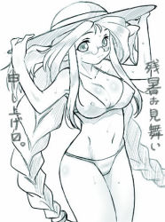 Rule 34 | 1girl, animal ears, braid, breasts, breath of fire, breath of fire iii, rabbit ears, dr.p, covered erect nipples, glasses, hat, large breasts, long hair, lowres, momo (breath of fire), monochrome, smile, solo, swimsuit, twintails