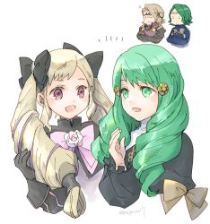 Rule 34 | 2boys, 2girls, black bow, black gloves, blonde hair, bow, brother and sister, circlet, closed mouth, crossed arms, elise (fire emblem), fire emblem, fire emblem: three houses, fire emblem fates, flayn (fire emblem), gloves, green eyes, green hair, hair bow, hair ornament, long hair, long sleeves, multicolored hair, multiple boys, multiple girls, nintendo, open mouth, pink bow, purple eyes, purple hair, robaco, seteth (fire emblem), short hair, siblings, simple background, smile, twintails, twitter username, white background, xander (fire emblem)