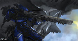 Rule 34 | aiming, commentary, day, extra arms, gun, highres, mecha, neon trim, no humans, original, peter balogh, revision, rifle, robot, science fiction, solo, weapon