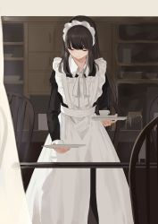 Rule 34 | 1girl, apron, bad id, bad pixiv id, black dress, blush, brown hair, chair, closed eyes, closed mouth, collared dress, commentary request, cup, curtains, dress, facing viewer, highres, holding, holding plate, indoors, juliet sleeves, long hair, long sleeves, maid, maid apron, maid headdress, original, plate, puffy sleeves, shii (kairi-t-k0317), smile, solo, standing, table, white apron