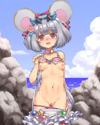 Rule 34 | 1girl, animal ears, bikini, bikini pull, bikini skirt, bikini top lift, blush, breasts, cleft of venus, clothes lift, clothes pull, cloud, day, embarrassed, eyewear on head, fake animal ears, female focus, flower, frilled skirt, frills, granblue fantasy, hair flower, hair ornament, henshitai (user cuvp2733), highres, lifting own clothes, looking at viewer, medium breasts, mouse ears, navel, nipples, ocean, off shoulder, open mouth, outdoors, pulling own clothes, pussy, red eyes, rock, scrunchie, shirt, short hair, silver hair, skirt, skirt pull, sky, small breasts, smile, solo, standing, star-shaped eyewear, star (symbol), striped bikini, striped clothes, sunglasses, swimsuit, uncensored, vikala (granblue fantasy), water, wrist scrunchie