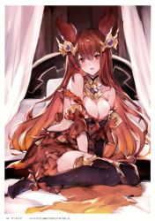 Rule 34 | 1girl, absurdres, animal ears, anthuria, bare shoulders, between legs, black gloves, black thighhighs, breasts, bright pupils, cleavage, cleavage cutout, closed mouth, clothing cutout, dress, elbow gloves, erune, gloves, gradient hair, granblue fantasy, hair between eyes, hair ornament, hand between legs, head tilt, highres, indoors, large breasts, leaning forward, long hair, looking at viewer, multicolored hair, off-shoulder dress, off shoulder, on bed, orange hair, red dress, red eyes, red hair, scan, single elbow glove, sitting, solo, thighhighs, two-tone hair, very long hair, wariza, watao