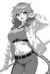 Rule 34 | 1girl, alternate costume, belt, belt buckle, bracelet, breasts, buckle, commentary request, cowboy shot, crop top, denim, greyscale, hair ornament, hand up, holding, holding polearm, holding weapon, jacket, jeans, jewelry, large breasts, long sleeves, medium hair, midriff, monkey girl, monkey tail, monochrome, navel, navel piercing, onkn sxkn, open mouth, pants, piercing, polearm, simple background, solo, son biten, tail, touhou, twintails, weapon, white background