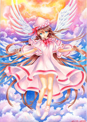 Rule 34 | 1girl, alternate wings, angel wings, blue eyes, blue sky, bow, brown hair, capelet, cloud, dated, dress, hat, lily white, long hair, marker (medium), mosho, multiple wings, open mouth, painting (medium), petals, signature, sky, smile, solo, touhou, traditional media, very long hair, watercolor (medium), white dress, wide sleeves, wings