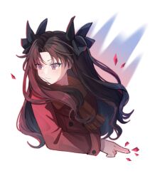 Rule 34 | 1girl, black hair, bow, coat, fate/stay night, fate (series), grey eyes, hair bow, hashtag-only commentary, highres, long hair, looking to the side, natsu (jar1010), red coat, scarf, solo, tohsaka rin, upper body