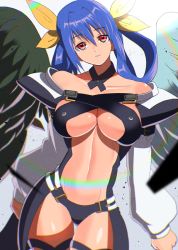 Rule 34 | 1girl, akisu k, angel wings, arc system works, asymmetrical wings, bare shoulders, belt, black panties, blue hair, breasts, center opening, choker, cleavage, collarbone, dizzy (guilty gear), groin, guilty gear, guilty gear x, guilty gear xx, hair between eyes, hair ribbon, hair rings, large breasts, long hair, long sleeves, midriff, navel, panties, puffy long sleeves, puffy sleeves, rainbow, red eyes, ribbon, sidelocks, solo, sunlight, thick thighs, thigh gap, thigh strap, thighs, toned, twintails, underboob, underwear, wings, yellow ribbon