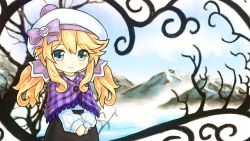 Rule 34 | blonde hair, branch, brqanches, coar, fairy, hat, histoire, long hair, moutains, neptune (series), nov, purple eyes, ribbon, scarf, smile, snow, tree, twintails, winter