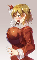 Rule 34 | 1girl, aki shizuha, blonde hair, blush, grabbing another&#039;s breast, breasts, grabbing, gradient background, hair ornament, highres, large breasts, leaf, leaf hair ornament, long sleeves, open mouth, sakimori dan, short hair, solo focus, touhou, yellow eyes