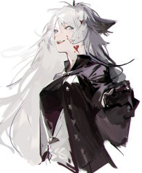 Rule 34 | 1girl, animal ears, arknights, black coat, black gloves, black shirt, blood, blood on face, breasts, coat, cowboy shot, fangs, gloves, grey eyes, hair between eyes, jacket, lappland (arknights), lappland (refined horrormare) (arknights), long hair, looking at viewer, medium breasts, nineo, official alternate costume, open clothes, open coat, open mouth, shirt, silver hair, simple background, smile, solo, white background, white jacket, wolf ears