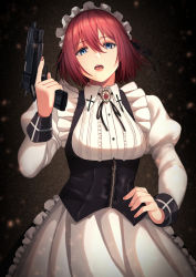 Rule 34 | 1girl, apron, bad id, bad pixiv id, blue eyes, breasts, brown nails, center frills, collared dress, dress, frills, gun, hair between eyes, hand on own hip, handgun, highres, holding, holding gun, holding weapon, light particles, looking at viewer, maid, maid headdress, medium breasts, open mouth, original, red hair, redlammy, short hair, sidelocks, solo, upper body, vest, weapon, white dress, zipper