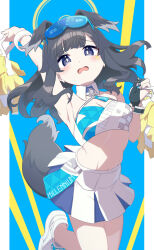 Rule 34 | 1girl, absurdres, animal ears, arm up, black hair, blue archive, blue background, blush, breasts, cheerleader, cleavage, commentary request, dog ears, dog girl, dog tail, facial mark, goggles, goggles on head, halo, hibiki (blue archive), hibiki (cheer squad) (blue archive), highres, holding, long hair, looking at viewer, medium breasts, navel, open mouth, pleated skirt, pom pom (cheerleading), purple eyes, shoes, skirt, solo, standing, standing on one leg, star (symbol), tail, two-tone background, u-st (uweiter), wavy mouth, white footwear, white skirt, yellow background