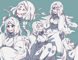 Rule 34 | 1girl, absurdres, blood, blood on breasts, blue background, breasts, chinese commentary, cleavage, clenched teeth, colored skin, commentary request, closed eyes, facial mark, fangs, forehead mark, highres, japanese clothes, kimetsu no yaiba, kimono, large breasts, long hair, low-tied long hair, mogutofuoes, mother spider demon (kimetsu no yaiba), multiple boys, outstretched arms, profile, simple background, sweat, teeth, white hair, white kimono, white skin
