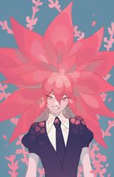 Rule 34 | 1other, androgynous, azolitmin, black neckwear, houseki no kuni, long hair, looking at viewer, morganite (houseki no kuni), other focus, puffy short sleeves, puffy sleeves, red eyes, red hair, short sleeves, simple background, smirk, solo, upper body, very long hair