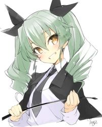 Rule 34 | 10s, 1girl, anchovy (girls und panzer), black ribbon, blush, cape, drill hair, girls und panzer, green hair, grin, hair ribbon, minoa (lastswallow), necktie, ribbon, riding crop, simple background, smile, solo, teeth, twin drills, whip, white background, yellow eyes
