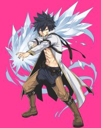 Rule 34 | abs, belt, black hair, blue pants, boots, brown belt, brown footwear, brown pants, crossover, fairy tail, full body, gate of nightmares, gray fullbuster, highres, ice, jacket, looking at viewer, magic, male focus, mashima hiro, official art, open clothes, open jacket, pants, short hair, solo, spiked hair, transparent background, white jacket