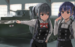 Rule 34 | 10s, 2girls, absurdres, belt, brown eyes, buttons, closed mouth, commentary request, cowboy shot, dress, grey hair, hair ornament, hand on own hip, highres, japanese flag, kantai collection, kasumi (kancolle), long hair, long sleeves, military, military vehicle, motor vehicle, multiple girls, ooshio (kancolle), outstretched arm, pinafore dress, pointing, ponytail, purple eyes, purple hair, red ribbon, remodel (kantai collection), ribbon, ship, shirt, short hair, short twintails, sleeveless, sleeveless dress, special type 2 launch ka-mi, ssamjang (misosan), tank, twintails, vehicle, watercraft, wavy mouth, white shirt