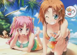 Rule 34 | 2girls, :d, absurdres, ahoge, all fours, barefoot, beach, bikini, bikini skirt, blush, breasts, brown hair, can, cleavage, cloud, day, drink can, eyebrows, fang, feet, front-tie top, green eyes, grin, hair ornament, hair ribbon, hairpin, hand on own cheek, hand on own face, head rest, highres, huge filesize, key, kurumizawa suzuki, long hair, looking at viewer, lying, medium breasts, multicolored bikini, multicolored clothes, multiple girls, musical note, on stomach, one eye closed, open mouth, orihara natsumi, outdoors, palm tree, parted bangs, pink eyes, pink hair, quaver, ribbon, scan, short hair, side-tie bikini bottom, sky, smile, soda can, soles, spoken musical note, swimsuit, takeya masami, te to te try on, toes, tree, two side up