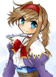 Rule 34 | 1girl, ahoge, belt, blue eyes, bow, braid, breasts, brown hair, closed mouth, coat, commentary request, dress, gloves, hairband, hekikuu (kanaderuyume), long hair, purple dress, red hairband, ribbon, shirt, smile, solo, virginia maxwell, white background, white gloves, white shirt, wild arms, wild arms 3