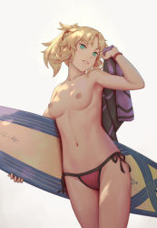 Rule 34 | 1girl, armpits, bigrbear, bikini, bikini bottom only, blonde hair, bracelet, breasts, clenched teeth, collarbone, fate/apocrypha, fate (series), green eyes, grey background, highres, holding, holding behind back, jewelry, looking at viewer, medium breasts, mordred (fate), mordred (fate/apocrypha), mordred (swimsuit rider) (first ascension) (fate), navel, nipples, ponytail, red bikini, short hair, side-tie bikini bottom, simple background, smile, solo, standing, surfboard, swimsuit, teeth, topless