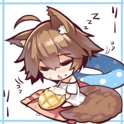 Rule 34 | 1girl, :&lt;, animal ears, bare shoulders, barefoot, blush, bread, brown hair, chibi, food, food on face, fox ears, fox girl, fox tail, hair between eyes, innertube, long sleeves, melon bread, nose blush, off-shoulder shirt, off shoulder, original, parted lips, shirt, short hair, sitting, sleeping, sleeping upright, solo, swim ring, tail, triangle mouth, white shirt, yuuji (yukimimi), zzz