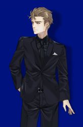 Rule 34 | 1boy, arms at sides, black jacket, black necktie, black pants, black shirt, blonde hair, blue background, blue eyes, closed mouth, cowboy shot, formal, hair slicked back, hand in pocket, highres, jacket, long sleeves, looking away, looking to the side, luicent, male focus, necktie, original, pants, shirt, short hair, simple background, solo, standing, suit, tuxedo