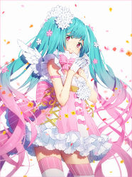 Rule 34 | 1girl, aqua hair, bare shoulders, blush, bow, closed mouth, commentary, dress, english commentary, feathered wings, flower, gloves, gradient hair, hair flower, hair ornament, hakusai (tiahszld), half gloves, hands up, hatsune miku, long hair, md5 mismatch, mini wings, multicolored hair, pink bow, pink dress, pink eyes, pink flower, pink hair, red flower, resolution mismatch, short dress, simple background, sleeveless, sleeveless dress, smile, solo, source smaller, striped, striped bow, thighhighs, twintails, vertical stripes, very long hair, vocaloid, white background, white flower, white gloves, white thighhighs, white wings, wings