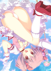 Rule 34 | 10s, 1girl, :d, asaba yuu, ass, bad id, bad pixiv id, blush, bobby socks, bow (weapon), cloud, day, female focus, flower, gloves, kaname madoka, magical girl, mahou shoujo madoka magica, mahou shoujo madoka magica (anime), open mouth, outdoors, panties, pink eyes, pink flower, pink hair, pink rose, rose, shoes, short hair, smile, socks, solo, thighs, trefoil, twintails, underwear, upside-down, water, weapon, white gloves