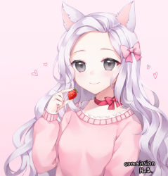 Rule 34 | 1girl, animal ears, blush, bow, breasts, closed mouth, commentary request, commission, food, forehead, fruit, grey hair, hair bow, hand up, heart, holding, holding food, long hair, long sleeves, original, pink background, pink bow, pink shirt, pong (vndn124), puffy long sleeves, puffy sleeves, shirt, simple background, sleeves past wrists, small breasts, smile, solo, strawberry, upper body