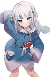 Rule 34 | 1girl, 852 box, animal hood, blue eyes, blue hair, blush, commentary request, fins, fish tail, gawr gura, grey hair, hair ornament, highres, hololive, hololive english, hood, long sleeves, looking at viewer, medium hair, multicolored hair, open mouth, shark girl, shark hair ornament, shark hood, shark tail, short twintails, streaked hair, tail, twintails, virtual youtuber