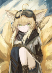 Rule 34 | 1girl, absurdres, ahoge, animal ear fluff, animal ears, arknights, asymmetrical pants, bandana, black pants, blonde hair, commentary request, feet out of frame, fox ears, fox girl, fox tail, goggles, goggles on head, green eyes, hair between eyes, highres, kitsune, knees up, layered sleeves, long hair, long sleeves, looking at viewer, pants, parted lips, piennamekuzi, short over long sleeves, short sleeves, solo, squatting, suzuran (arknights), suzuran (lostlands flowering) (arknights), tail