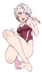 Rule 34 | 1girl, aiuti, akishimo (kancolle), asymmetrical hair, barefoot, breasts, brown hair, collarbone, commentary request, competition swimsuit, full body, gradient hair, hair ornament, highleg, highleg swimsuit, highres, kantai collection, leaf hair ornament, looking at viewer, multicolored hair, one-piece swimsuit, open mouth, purple one-piece swimsuit, short hair, short hair with long locks, silver hair, simple background, small breasts, solo, swimsuit, white background